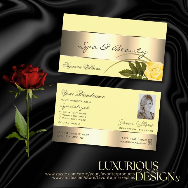 Yellow and Gold Decor Cute Rose Flower with Photo Business Card (Creator Uploaded)