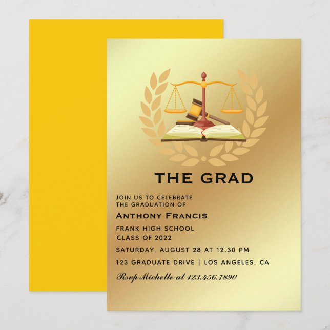Yellow and Gold Lawyer Graduation Party Invitation (Front/Back)
