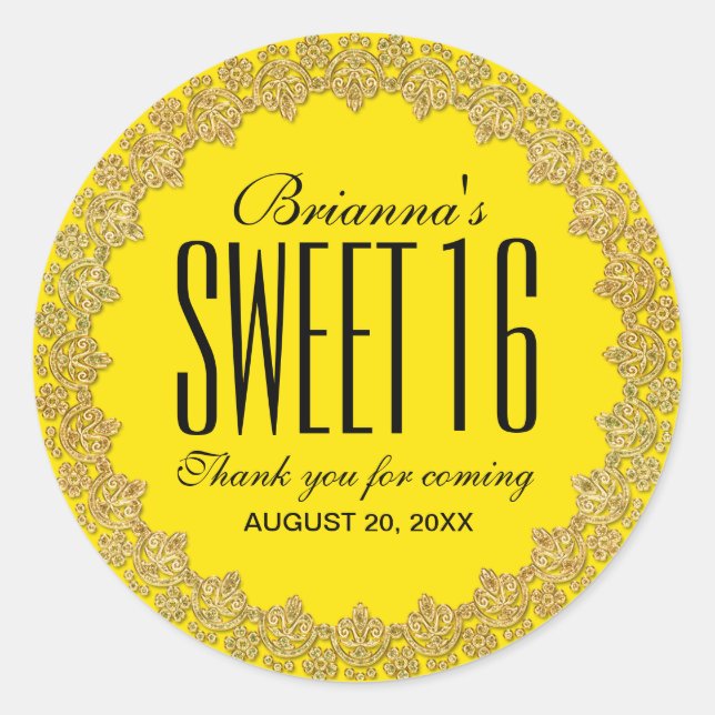 Yellow and Gold Personalised Sweet 16 Party Classic Round Sticker (Front)