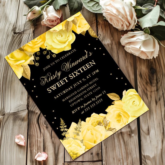 Yellow and Gold Roses Floral Sweet 16 Invitation (Creator Uploaded)