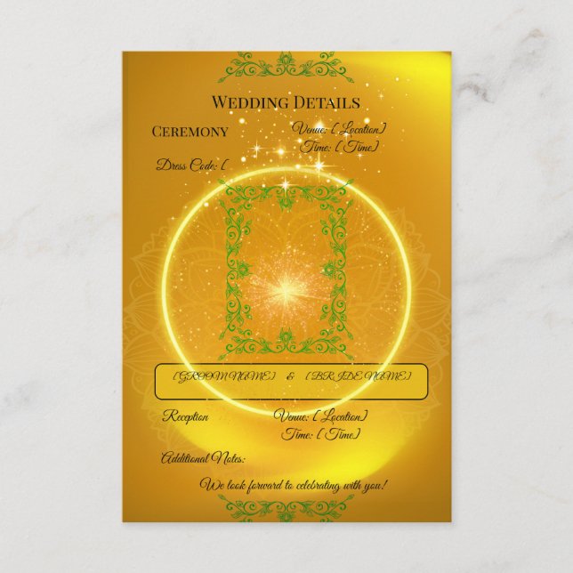 Yellow and Gold Sparks Wedding Details Card | (Front)