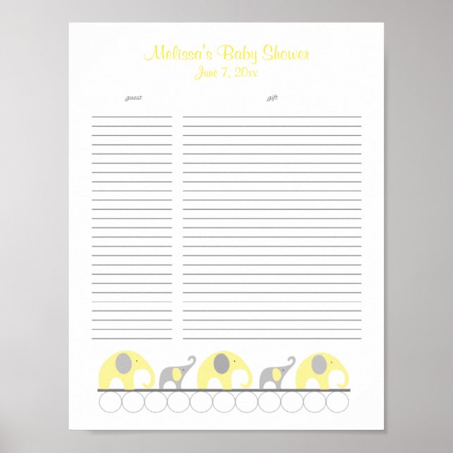 Yellow and Gray Elephants Baby Shower Gift List Poster (Front)