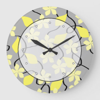 Yellow and Gray Flowers. Floral Pattern. Large Clock