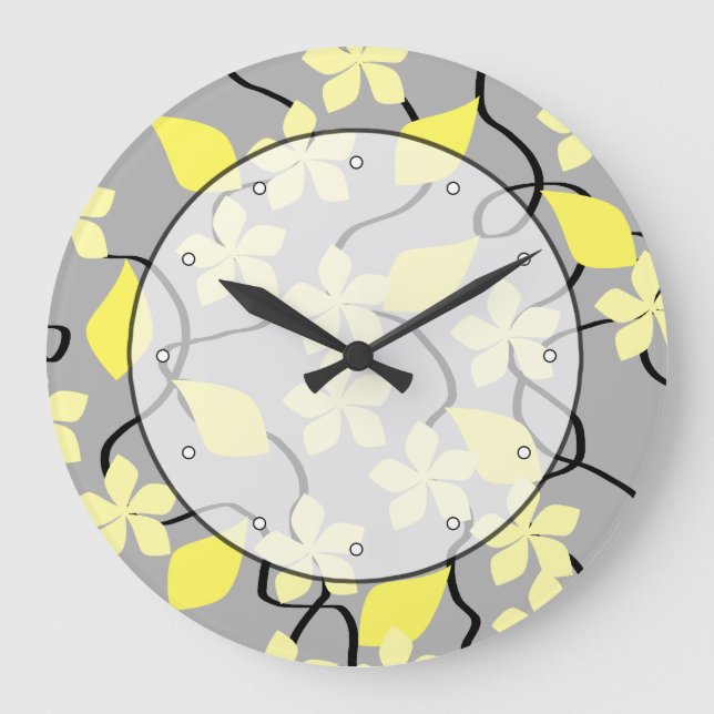 Yellow and Gray Flowers. Floral Pattern. Large Clock (Front)