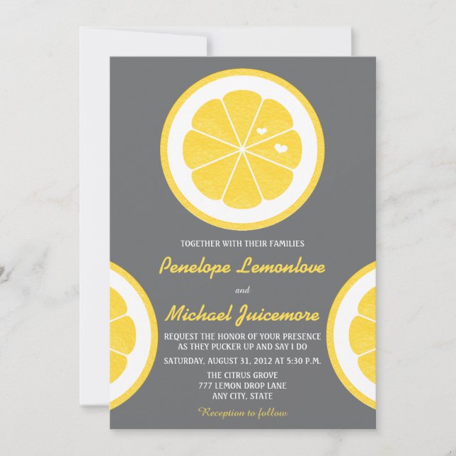 YELLOW AND GRAY LEMON THEMED WEDDING INVITATION (Front)