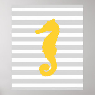 Yellow and Gray Striped Nautical Seahorse Poster