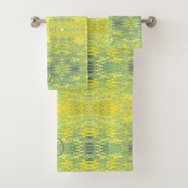Yellow and Green Abstract Design Bath Towel Set (Insitu)