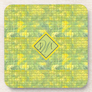 Yellow and Green Abstract Geometric Monogramed Coaster