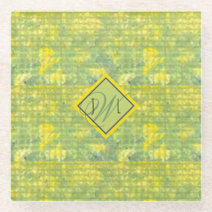 Yellow and Green Abstract Geometric Monogramed Glass Coaster