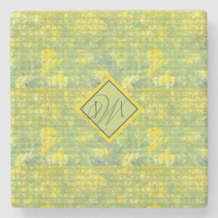 Yellow and Green Abstract Geometric Monogramed Stone Coaster