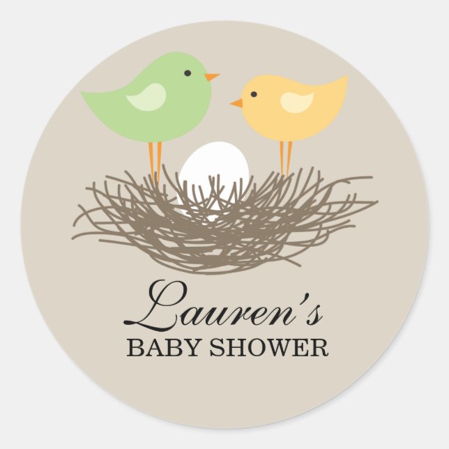 Yellow and Green Baby Bird's Nest | Baby Shower Classic Round Sticker (Front)