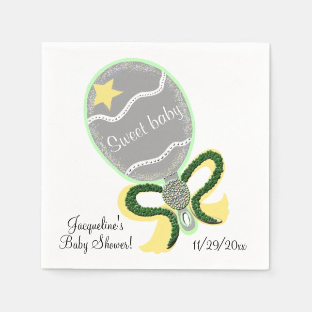 Yellow and Green Baby Rattle Sweet Baby Shower Napkin (Front)