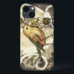 Yellow and Green Bird on Vintage Background iPhone 13 Case<br><div class="desc">This mix of painting and sketching portrays a close-up of a yellow and green bird on a simple black and beige background. The white lines in the background add a vintage tone. This image would fit perfect on any customisable Zazzle product.</div>
