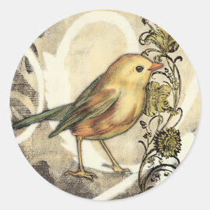 Yellow and Green Bird on Vintage Background Classic Round Sticker