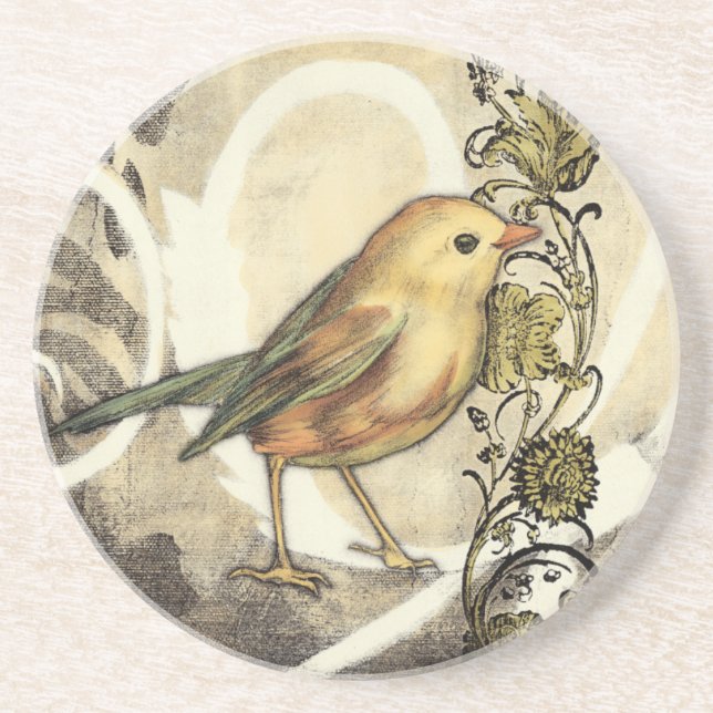 Yellow and Green Bird on Vintage Background Coaster (Front)