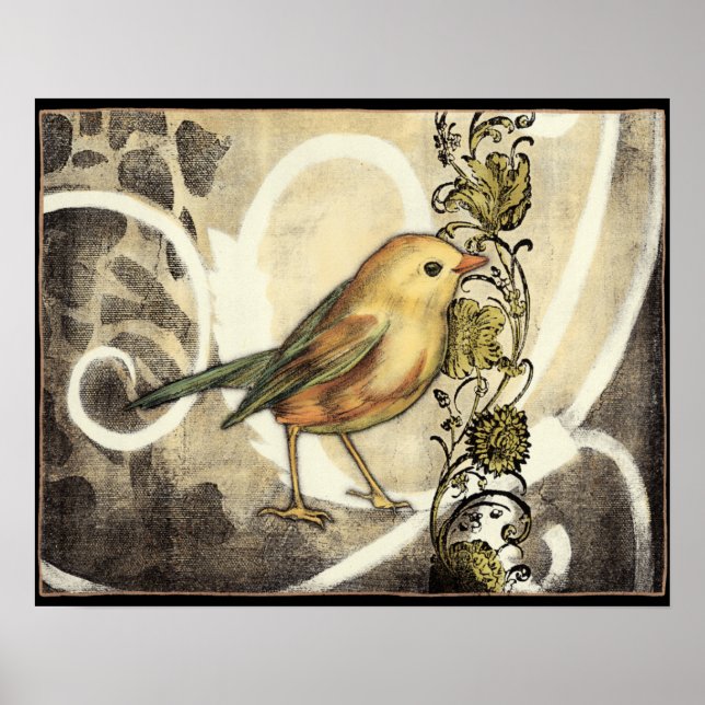 Yellow and Green Bird on Vintage Background Poster (Front)