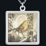 Yellow and Green Bird on Vintage Background Silver Plated Necklace<br><div class="desc">This mix of painting and sketching portrays a close-up of a yellow and green bird on a simple black and beige background. The white lines in the background add a vintage tone. This image would fit perfect on any customisable Zazzle product.</div>
