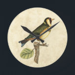 Yellow and Green Bird Perched on a Little Branch Round Clock<br><div class="desc">This engraved-inspired print displays sharp,  vivid images with a high degree of colour accuracy. The neutral background helps emphasise the colours of the bird. Customise your favourite Zazzle product using this beautiful image.</div>