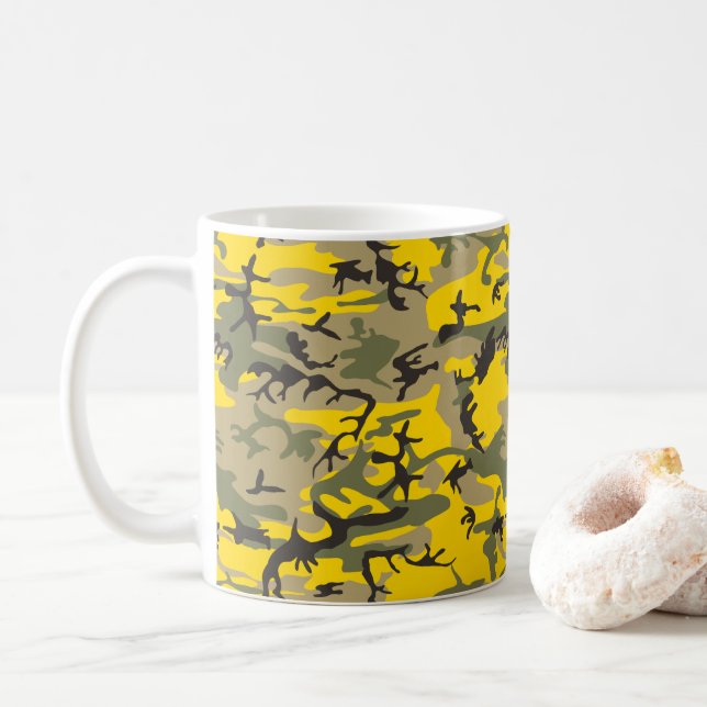Yellow and Green Camouflage, Military, Army Coffee Mug (With Donut)