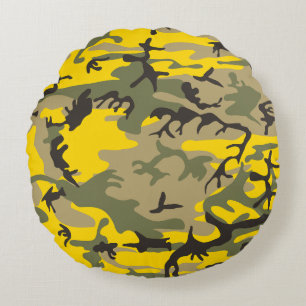 Yellow and Green Camouflage, Military, Army Round Cushion