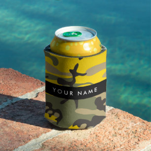 Yellow and Green Camouflage Your name Personalise Can Cooler
