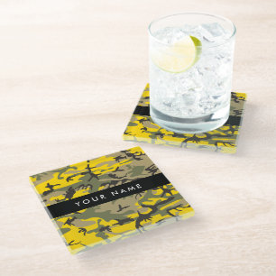 Yellow and Green Camouflage Your name Personalise Glass Coaster