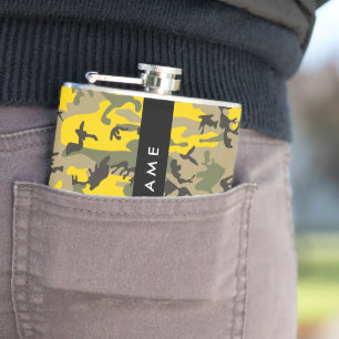 Yellow and Green Camouflage Your name Personalise Hip Flask