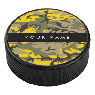 Yellow and Green Camouflage Your name Personalise Hockey Puck