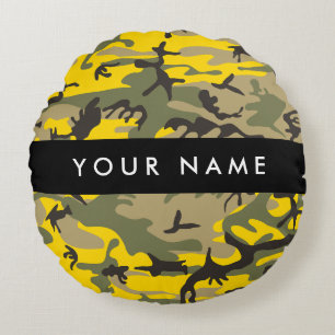 Yellow and Green Camouflage Your name Personalise Round Cushion
