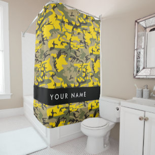 Yellow and Green Camouflage Your name Personalise Shower Curtain