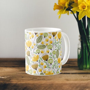 Yellow and Green Decorative Floral Design Pattern Coffee Mug