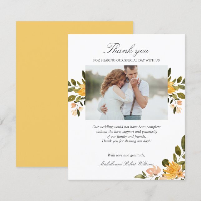 Yellow and green floral Wedding Photo THANK YOU (Front/Back)