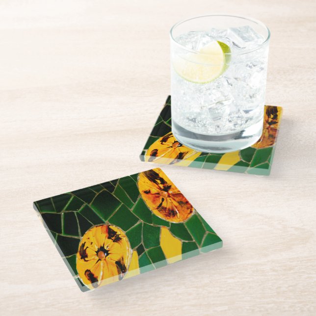 Yellow and Green Flower Mosaic Glass Coaster (Angled)