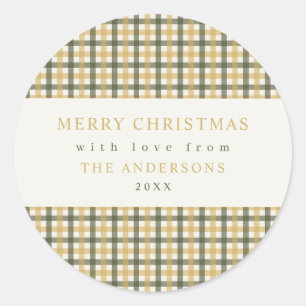 Yellow and Green Gingham Christmas Classic Round Sticker