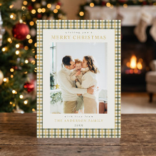 Yellow and Green Gingham Christmas Photo Holiday Card