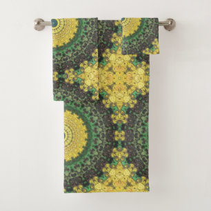 Yellow and Green Kaleidoscope Mandala Pattern Bath Towel Set