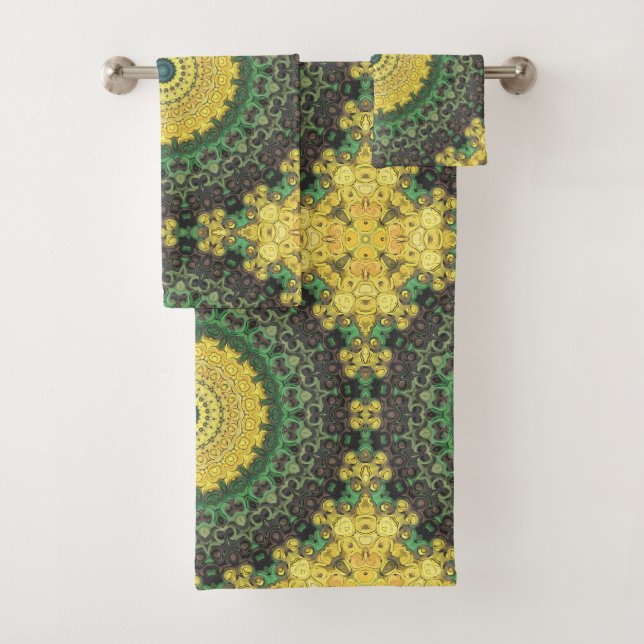 Yellow and Green Kaleidoscope Mandala Pattern Bath Towel Set (Insitu)