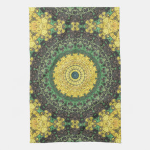 Yellow and Green Kaleidoscope Mandala Pattern Tea Towel