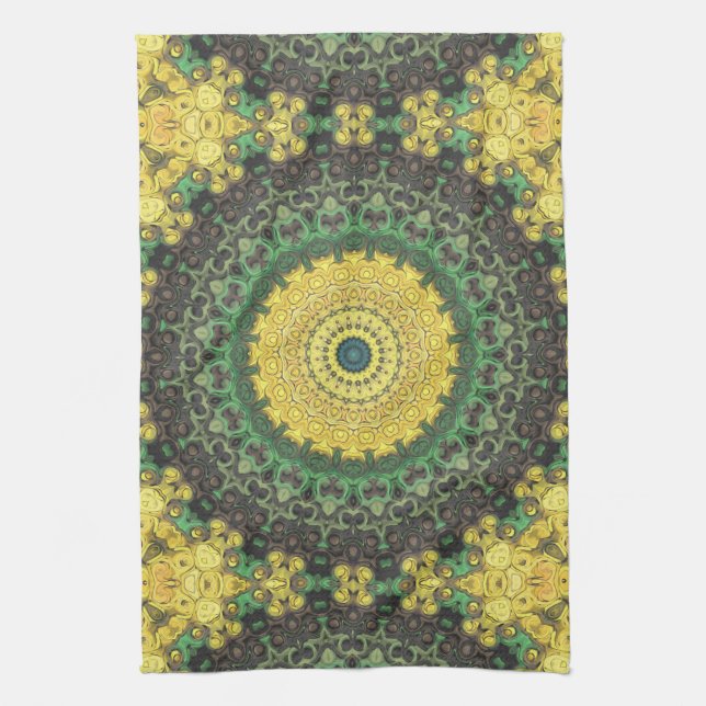 Yellow and Green Kaleidoscope Mandala Pattern Tea Towel (Vertical)