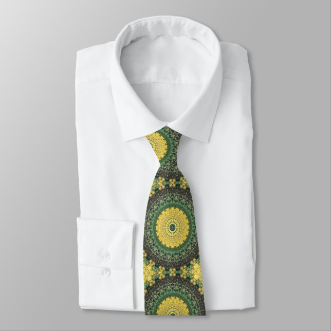 Yellow and Green Kaleidoscope Mandala Pattern Tie (Tied)