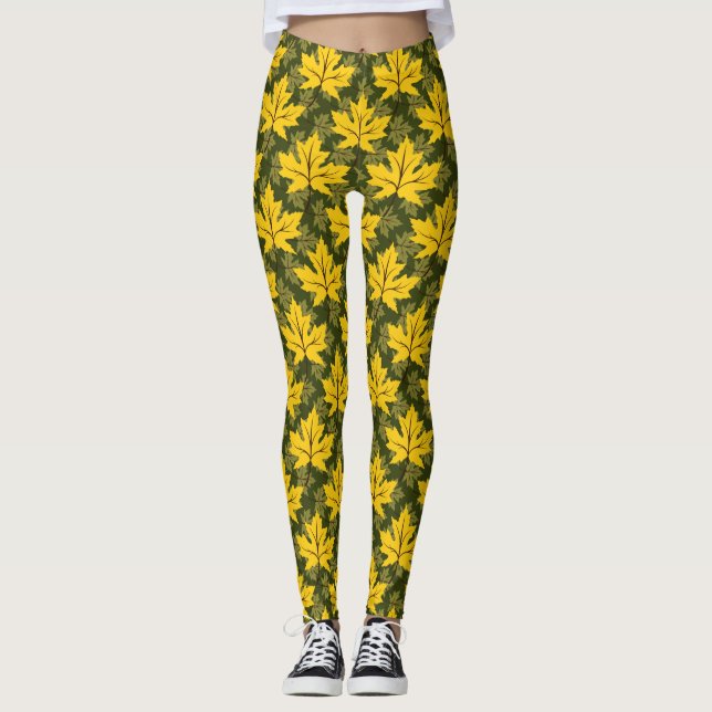 Yellow and green maple leaves in fall colours leggings (Front)