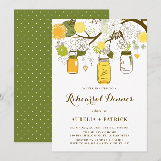 Yellow and Green Mason Jars Rehearsal Dinner Invitation (Front/Back)
