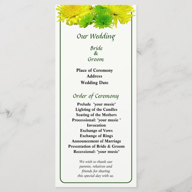 Yellow and Green Mums Wedding Program Programme (Front)