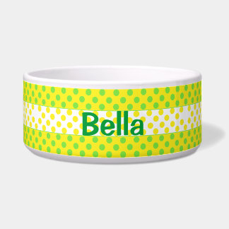 Yellow and Green Polka Dot Custom Ceramic Dog Bowl