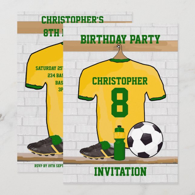 Yellow and Green Soccer Jersey Birthday Party Invitation (Front/Back)