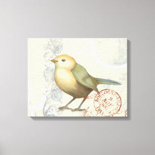 Yellow and Green Sparrow on Vintage Background Canvas Print