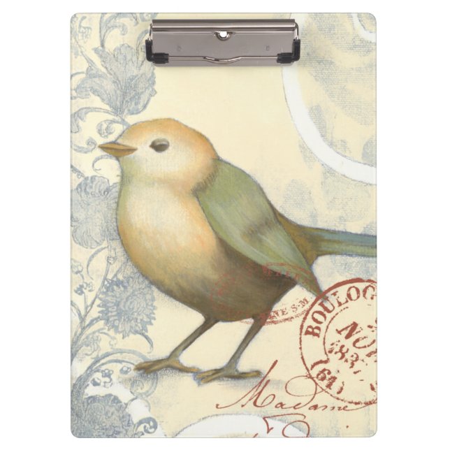Yellow and Green Sparrow on Vintage Background Clipboard (Front)