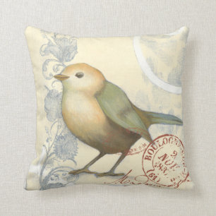Yellow and Green Sparrow on Vintage Background Cushion
