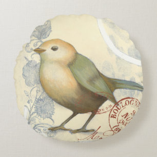 Yellow and Green Sparrow on Vintage Background Round Cushion