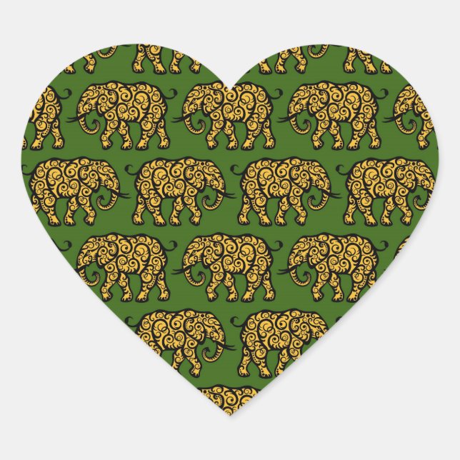 Yellow and Green Swirling Elephant Pattern Heart Sticker (Front)